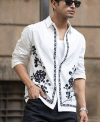 White Cotton Slub Embroidered Shirt
