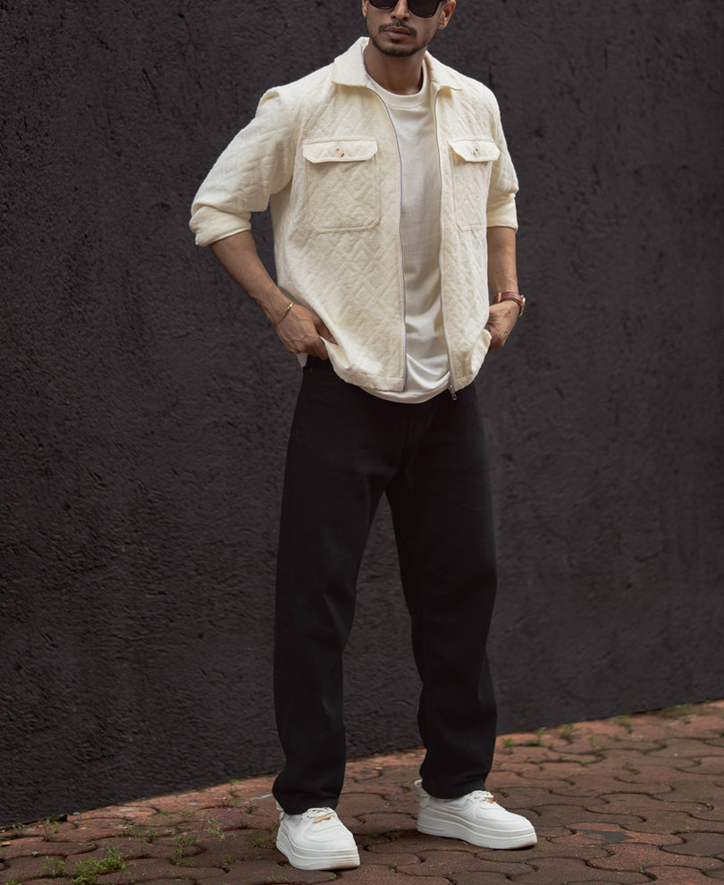 Cream Zip Style Full Sleeves Regular Fit Shirt