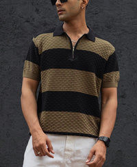 Olive Green and Black Structured Striped Regular Half Sleeves T Shirt