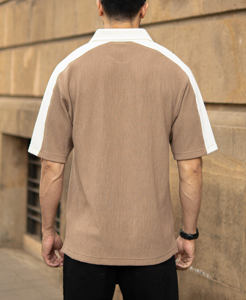 Beige Colour Blocked Polo T-Shirt