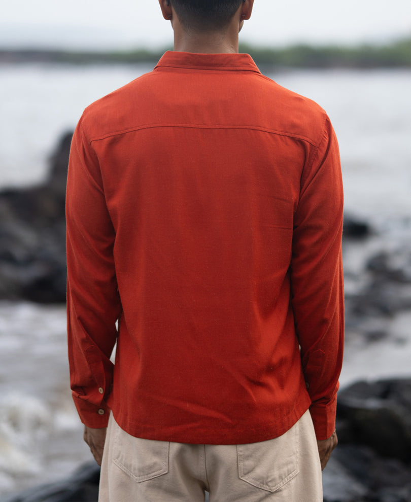 Spicy Orange Linen Blend Embroidery Shirt