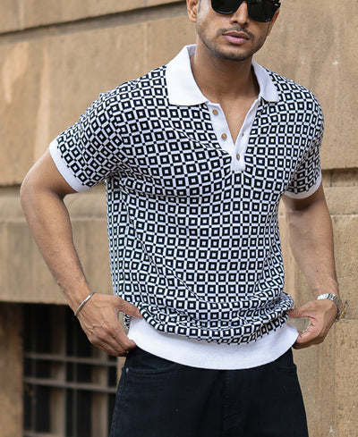 Black Jacquard Contrast Collar T-Shirt