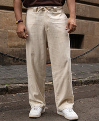 Cream Self Stripe Linen Trouser