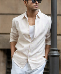 Peach & Beige Linen Stripe Shirt