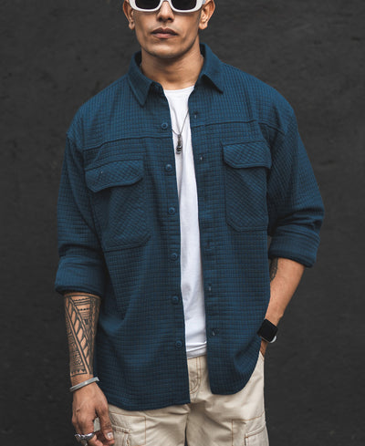 Teal Blue Structured Knit Shacket Oversized Shirt