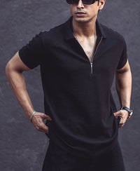 Black Structured Half Sleeves Zipper T Shirt