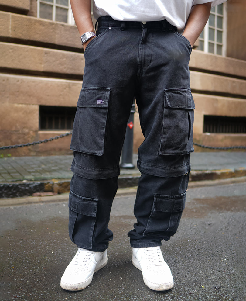 Black Baggy Fit Denim Cargo Jeans with Knee Zipper