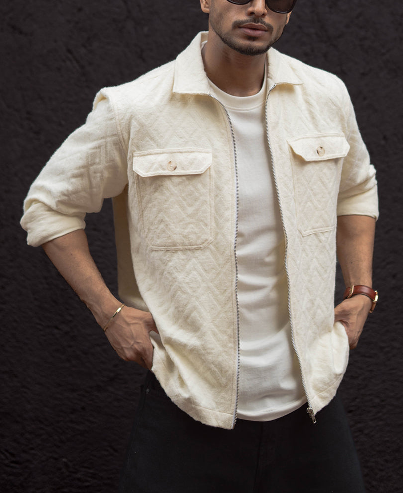 Cream Zip Style Full Sleeves Regular Fit Shirt