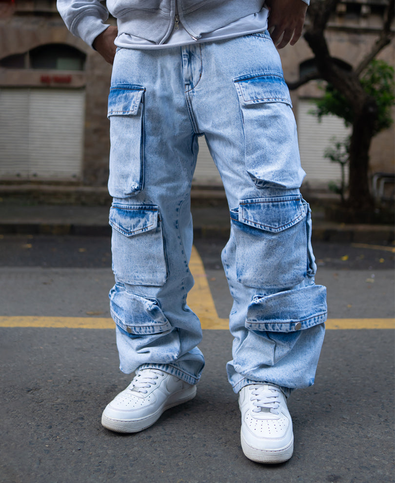 Ice Blue Baggy Fit Cargo Denim Jeans - Main Image