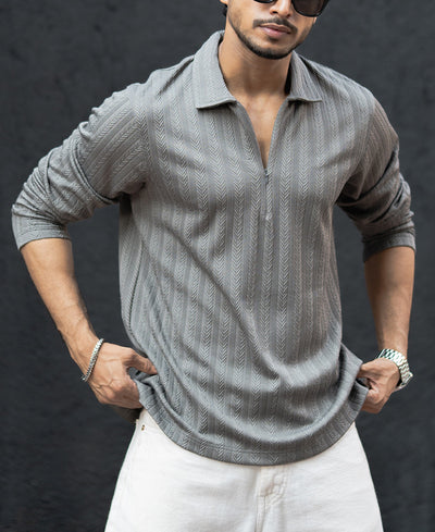 Grey Structured Regular Fit Full Sleeves T-Shirt