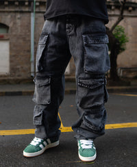 Carbon Black Baggy Fit Cargo Pockets Denim Jeans