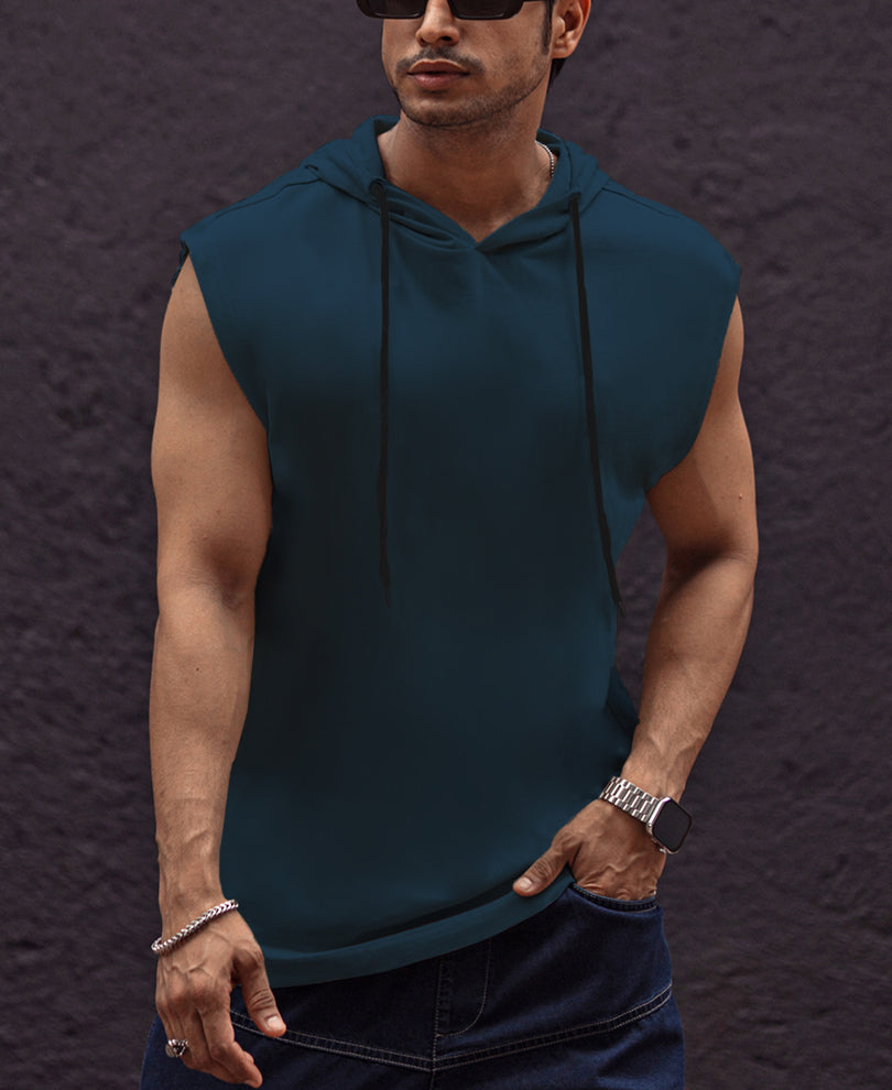 Teal Blue Oversized Sleeveless Hoodie Vest