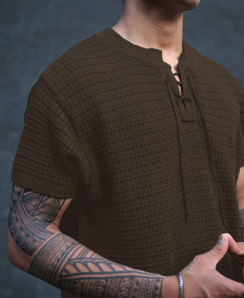 Coffee Brown Crochet Regular Half Sleeves T Shirt
