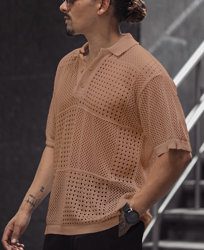 Brown Half Sleeves Oversized Crochet T-Shirt