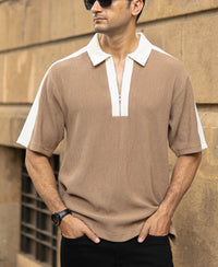 Beige Colour Blocked Polo T-Shirt