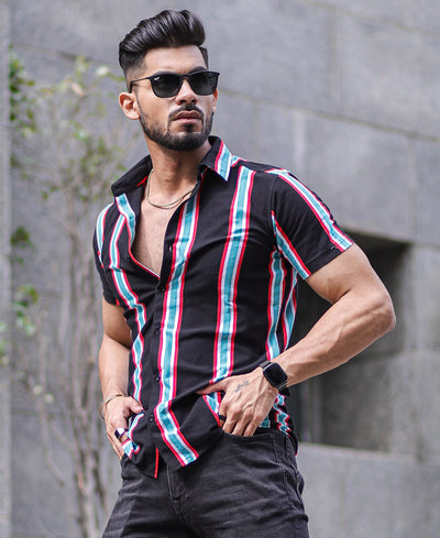 Black Multi Color Vertical Stripe Half Sleeves Shirt