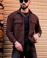 Dark Brown Shacket Pocket Oversize Drop Shoulder Shirt