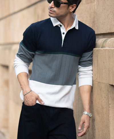 Navy Blue Panel Polo Collar Sweatshirt