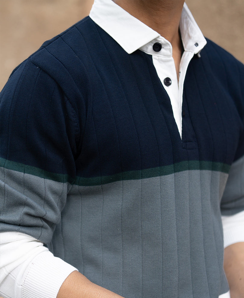 Navy Blue Panel Polo Collar Sweatshirt