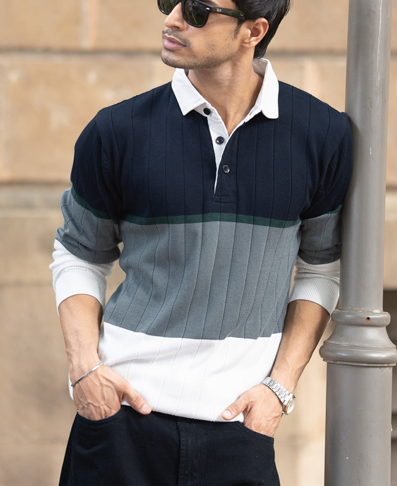 Navy Blue Panel Polo Collar Sweatshirt