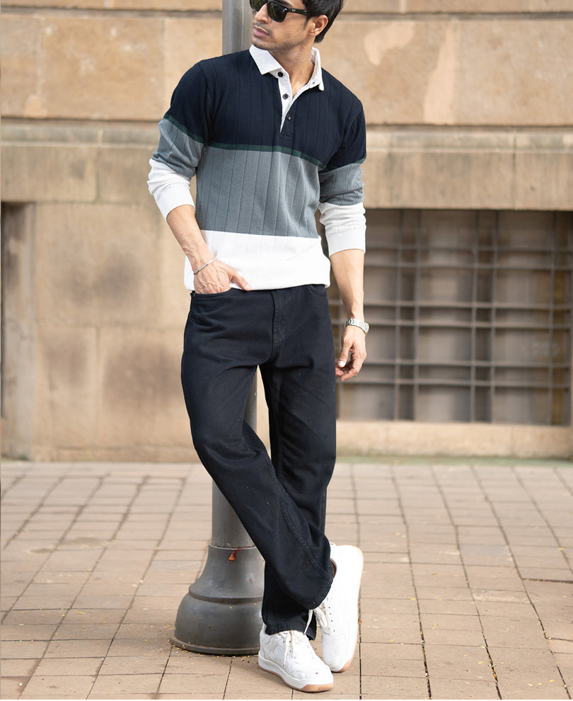 Navy Blue Panel Polo Collar Sweatshirt