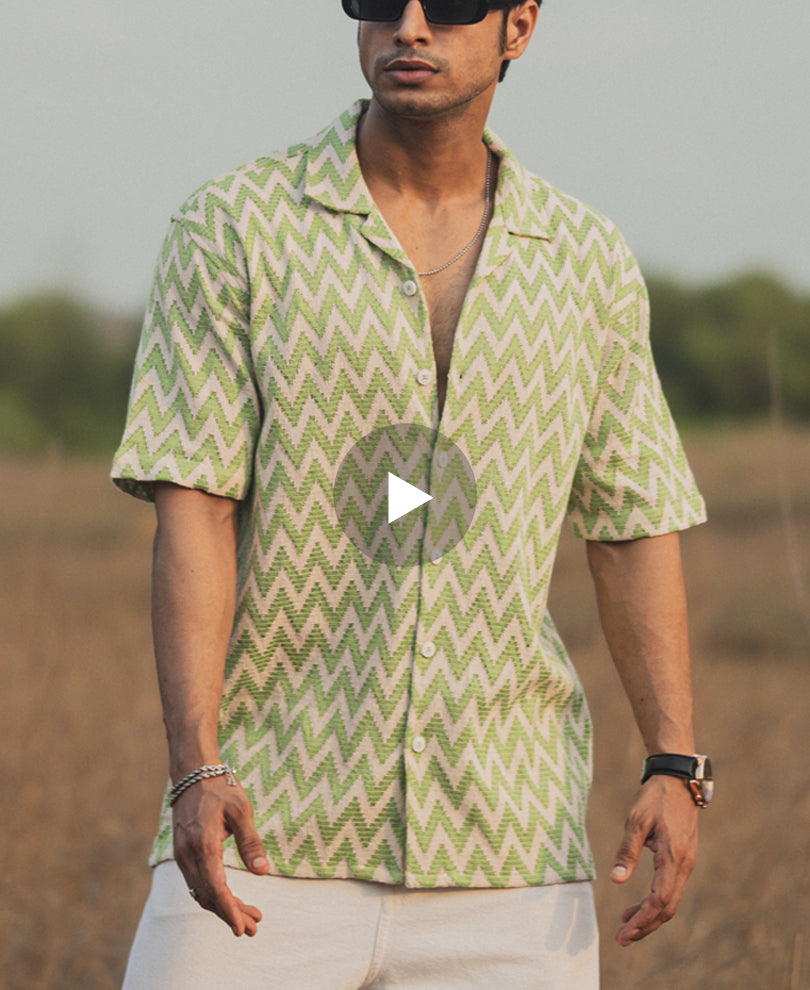 Green and White Oversized Half Sleeves Striped Shirt