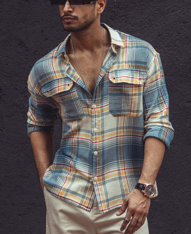 Multi Color Plaid Checks Oversize Drop Shoulder Shirt