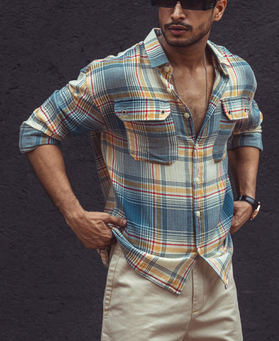 Multi Color Plaid Checks Oversize Drop Shoulder Shirt