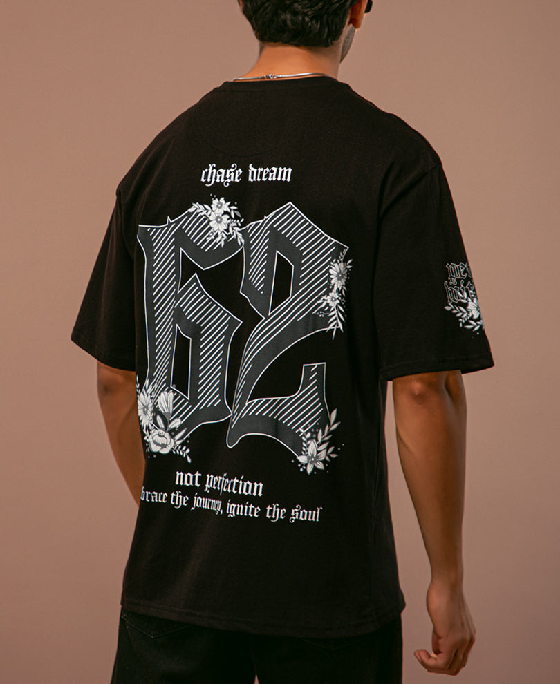 Black 62 Printed Oversized Half Sleeves T Shirt