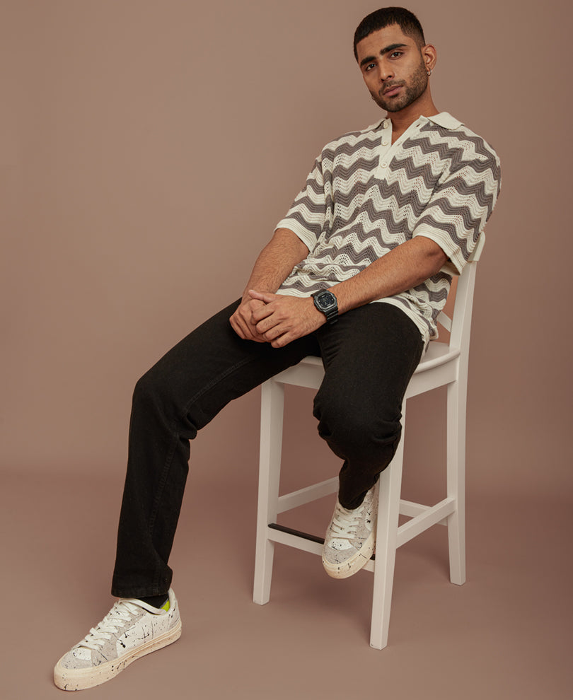 Grey and White Structured Oversized Half Sleeves T Shirt