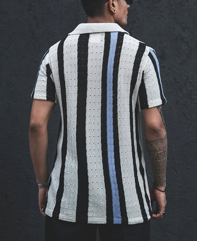 Multicolor Structured Knitted Striped Half Sleeves T Shirt