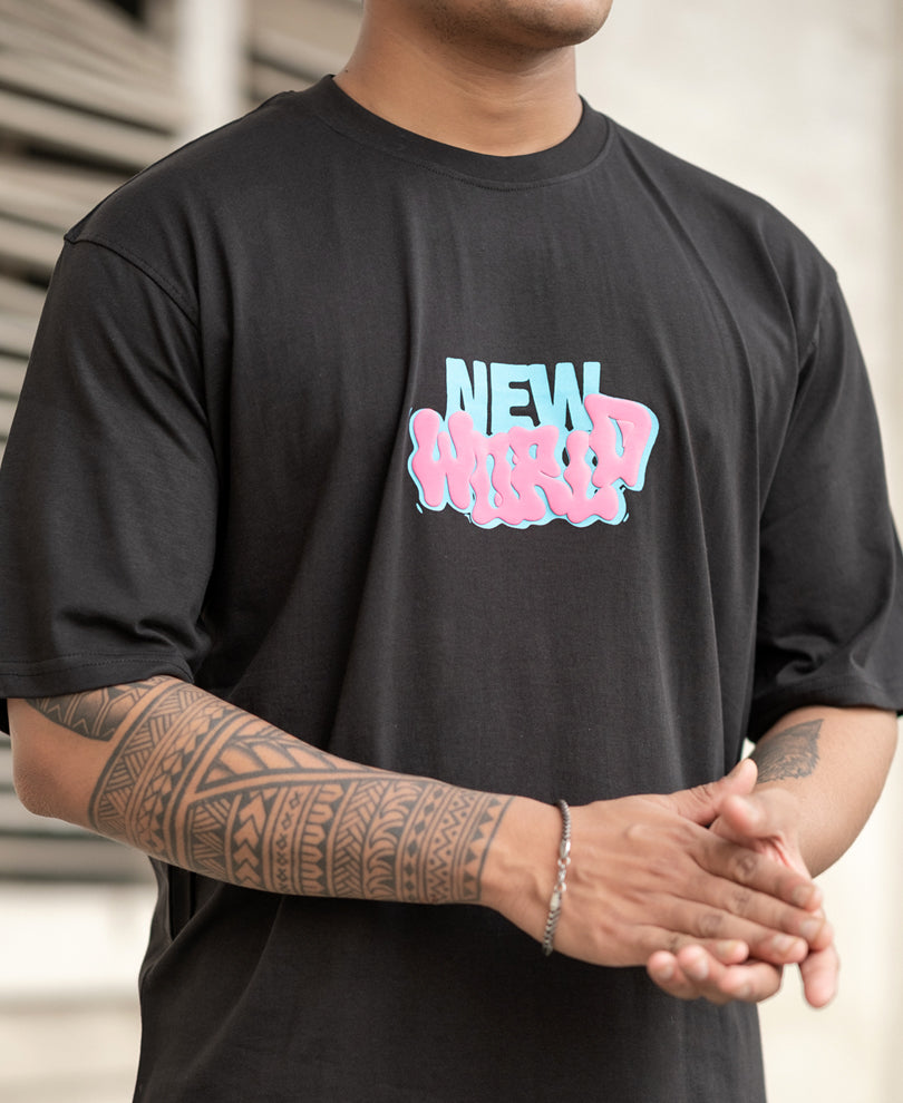 Black Exposed Printed Oversized T-Shirt