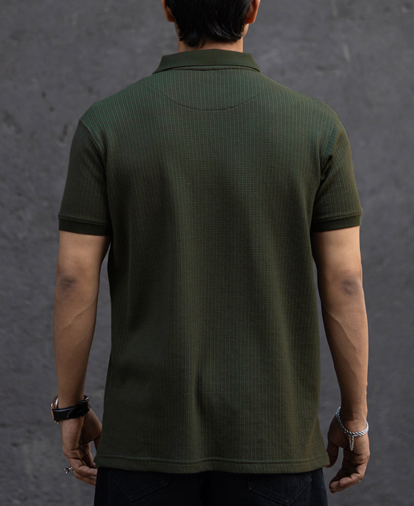 Dark Green Structured Half Sleeves Zipper T Shirt