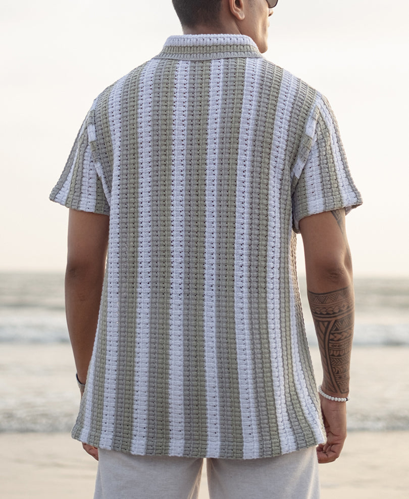 White and Green Crochet Striped Regular Half Sleeves T Shirt