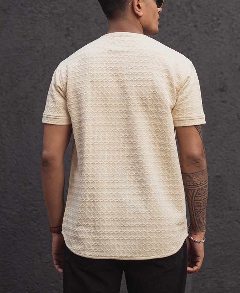Cream Structured Regular Half Sleeves T Shirt