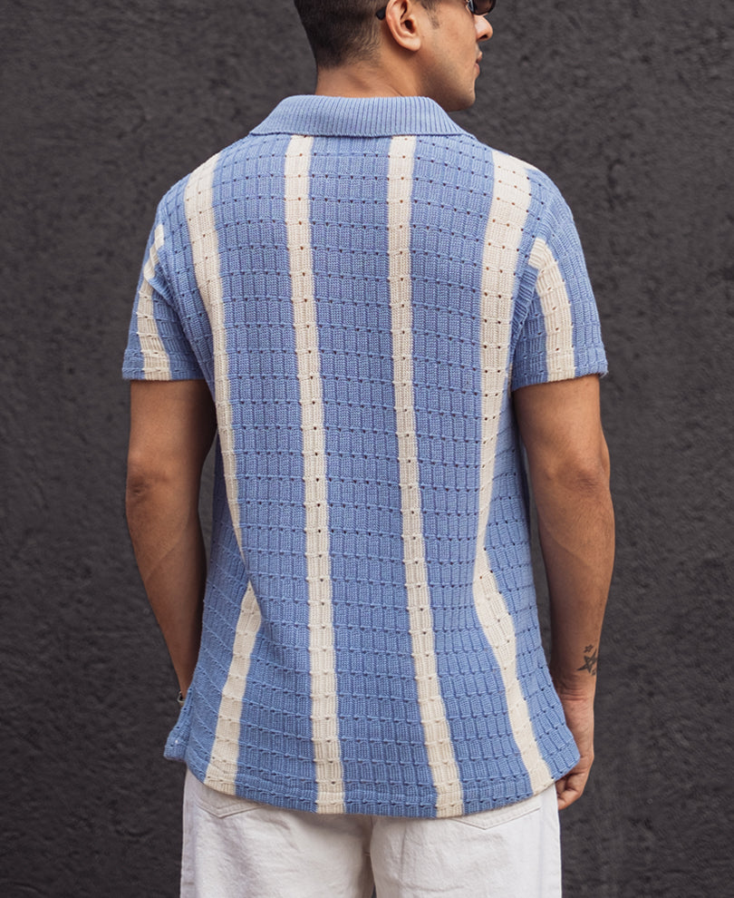 Sky Blue and White Structured Striped Half Sleeves T Shirt