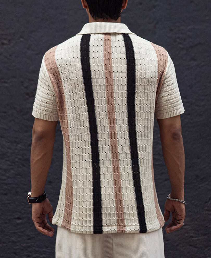 Off White and Beige Crochet Striped Regular Half Sleeves T Shirt