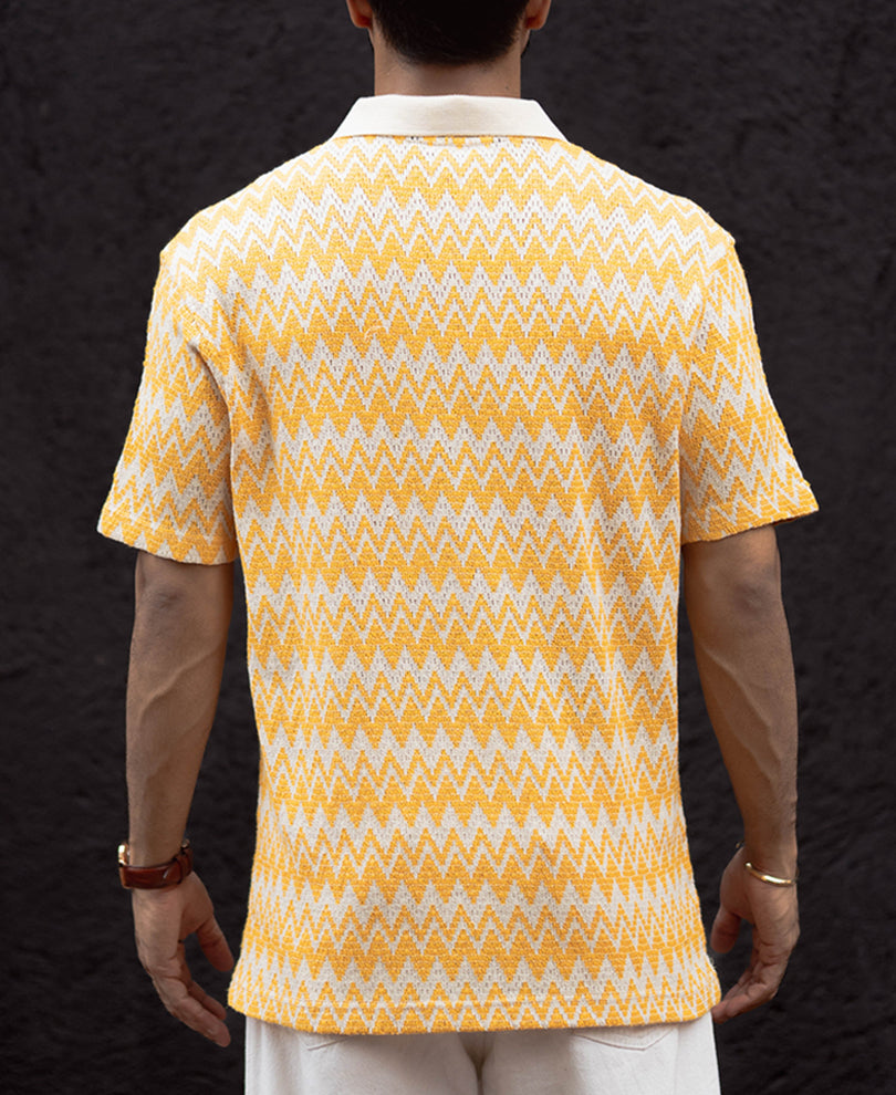 Off White and Yellow Regular Fit Half Sleeves T Shirt