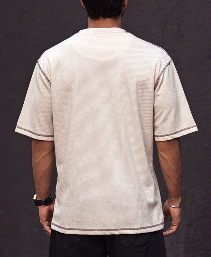 Cream Contrast Stitch Oversize Drop Shoulder T Shirt