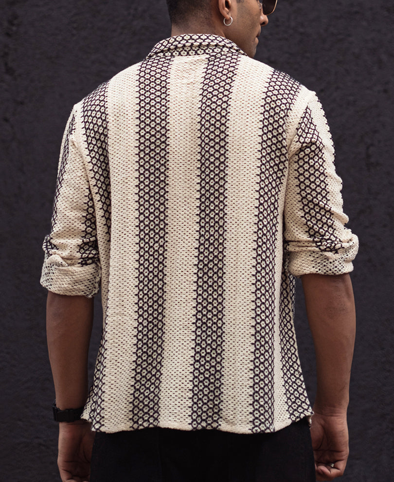 Off White And Black Crochet Regular Fit Full Sleeves Shirt