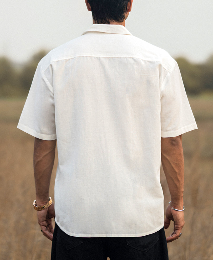 Off White Structured Embroidery Oversized Half Sleeves Shirt