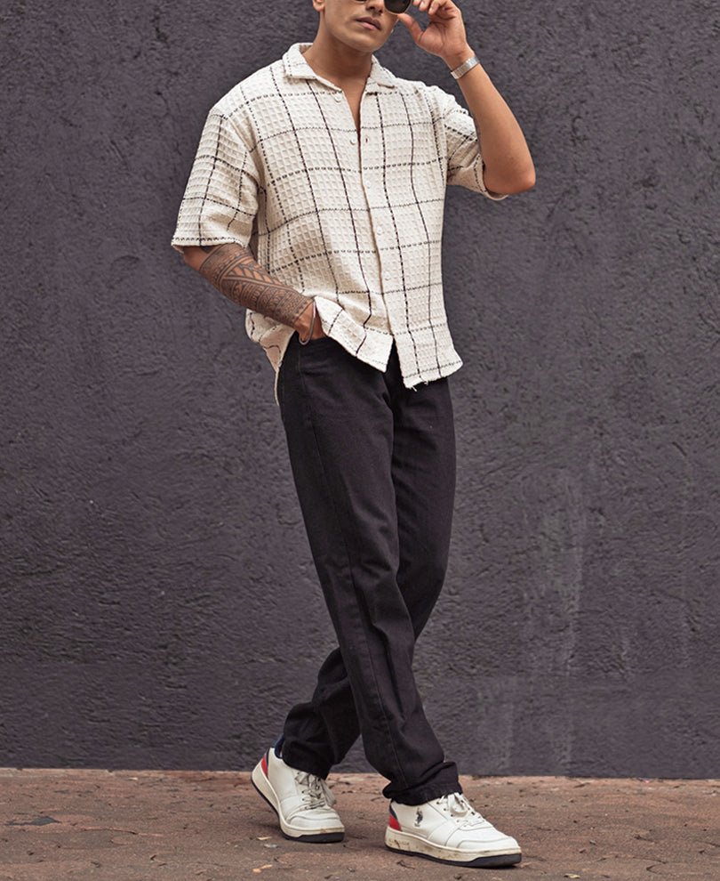 Off White and Black Structured Checks Oversized Shirt