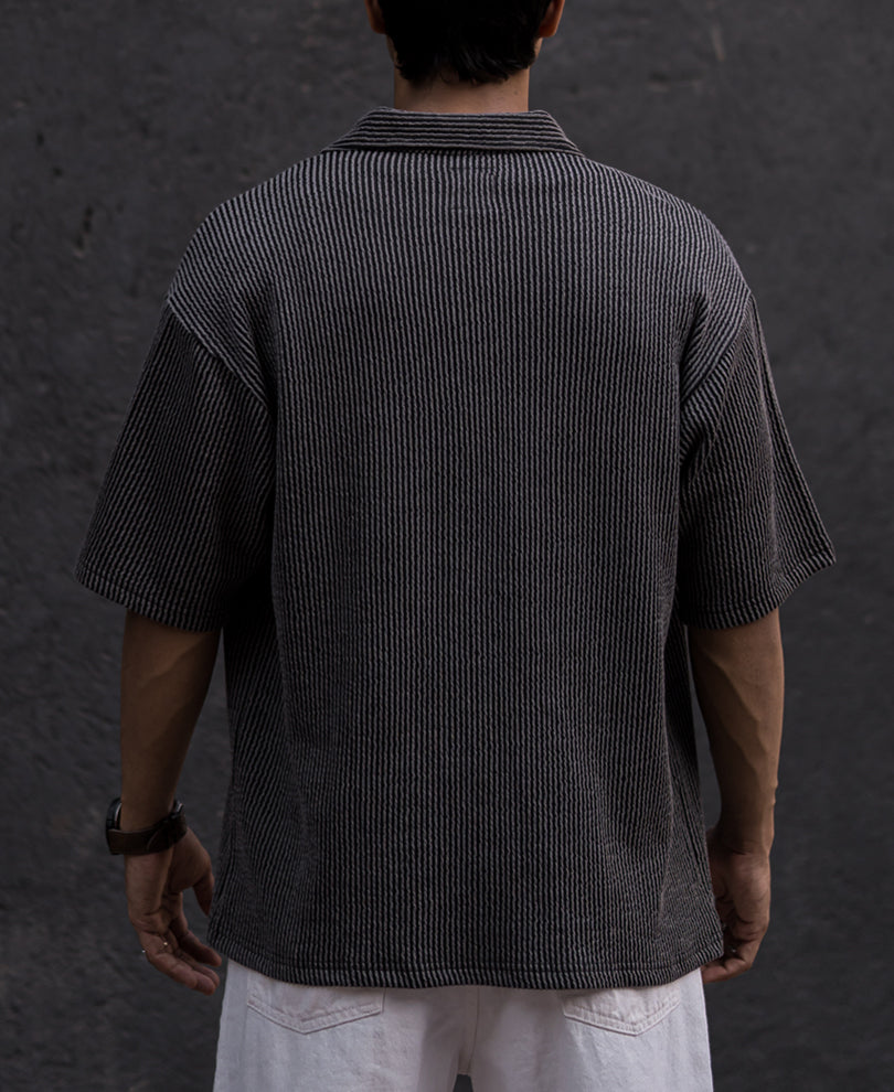 Black Structured Knitted Oversized Half Sleeves Shirt