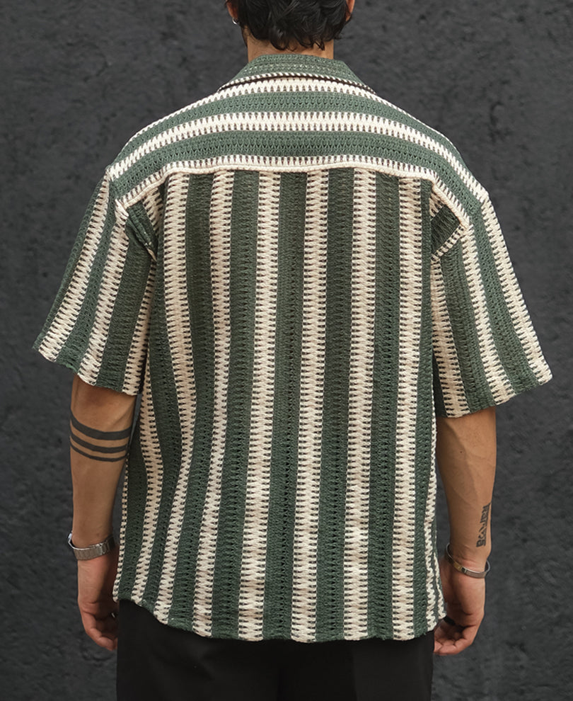 Green and Off White Crochet Striped Oversized Half Sleeves Shirt