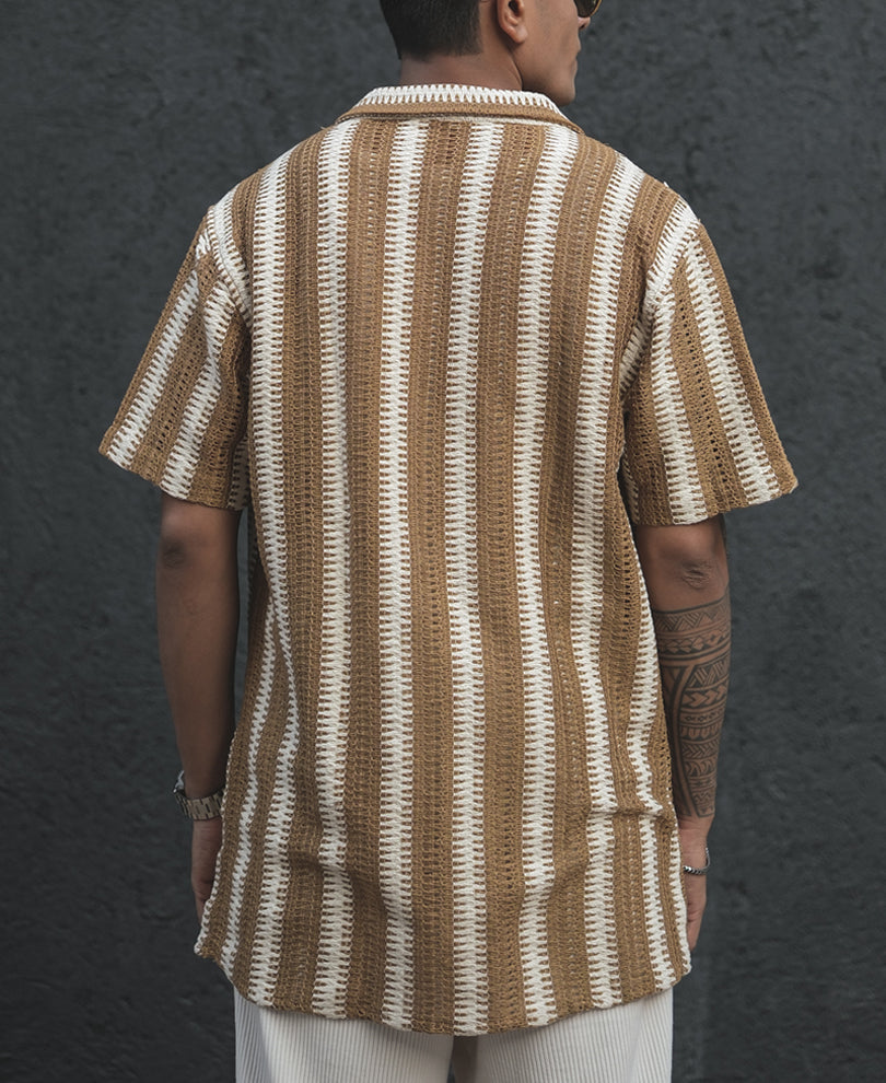 Beige and White Crochet Striped Half Sleeves Shirt