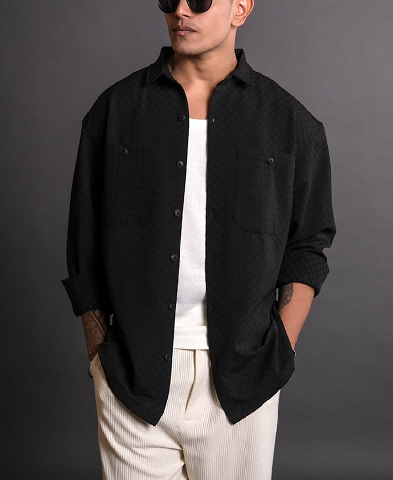 Black Structured Oversized Full Sleeves Shirt