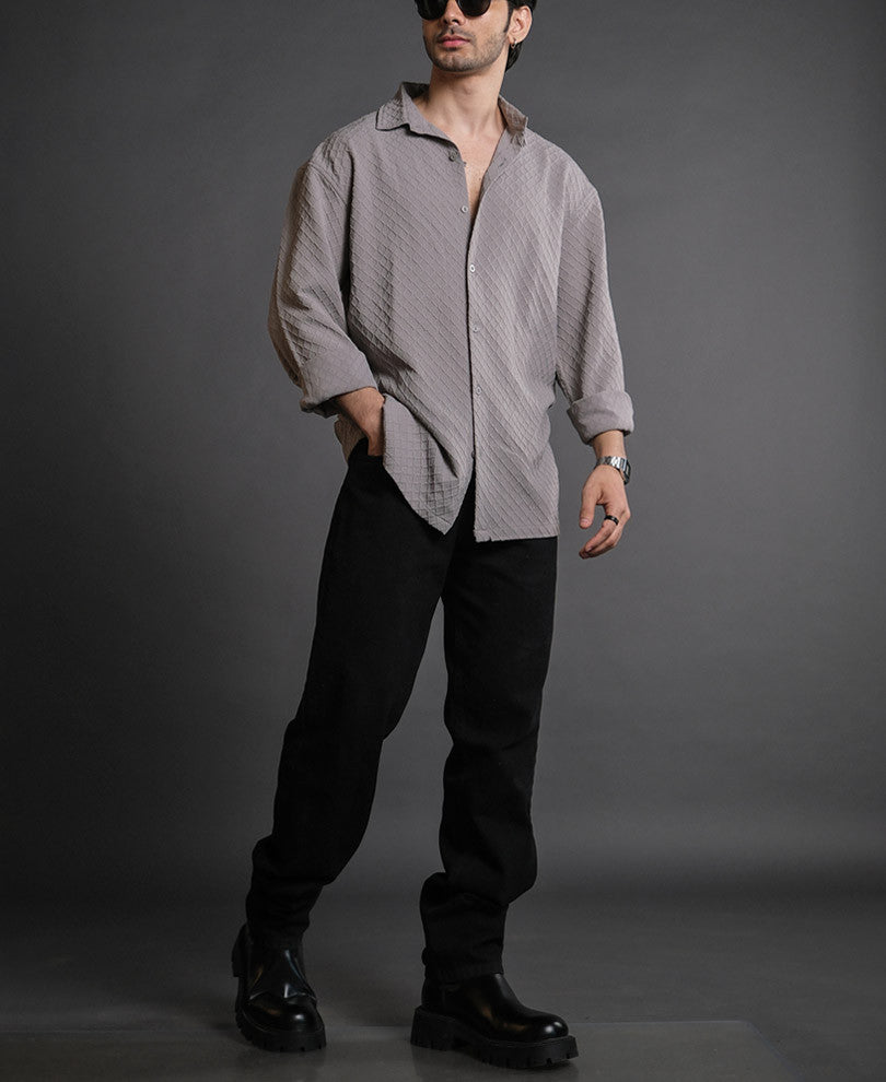 Grey Structured Oversized Full Sleeves Shirt