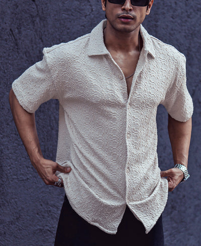 Beige Structured Oversized Half Sleeves Shirt