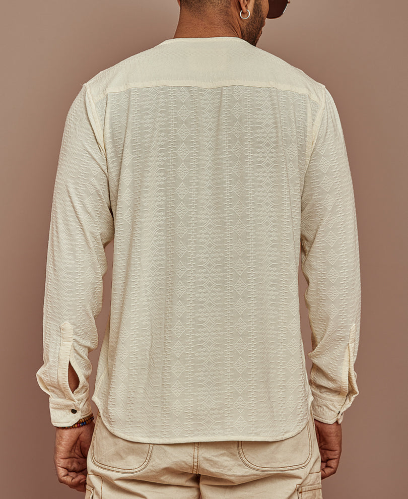 Cream Structured Kurta Style Regular Fit Full Sleeves Shirt