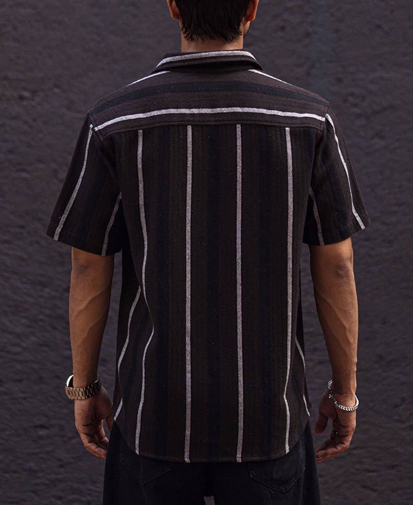 Black and White Striped Regular Fit Half Sleeves Shirt